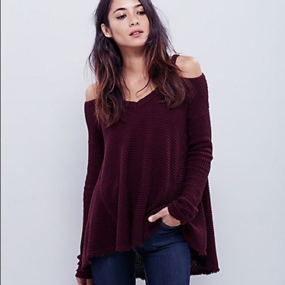 Free People Maroon Cold Shoulder Long Sleeve Cotton Sweater